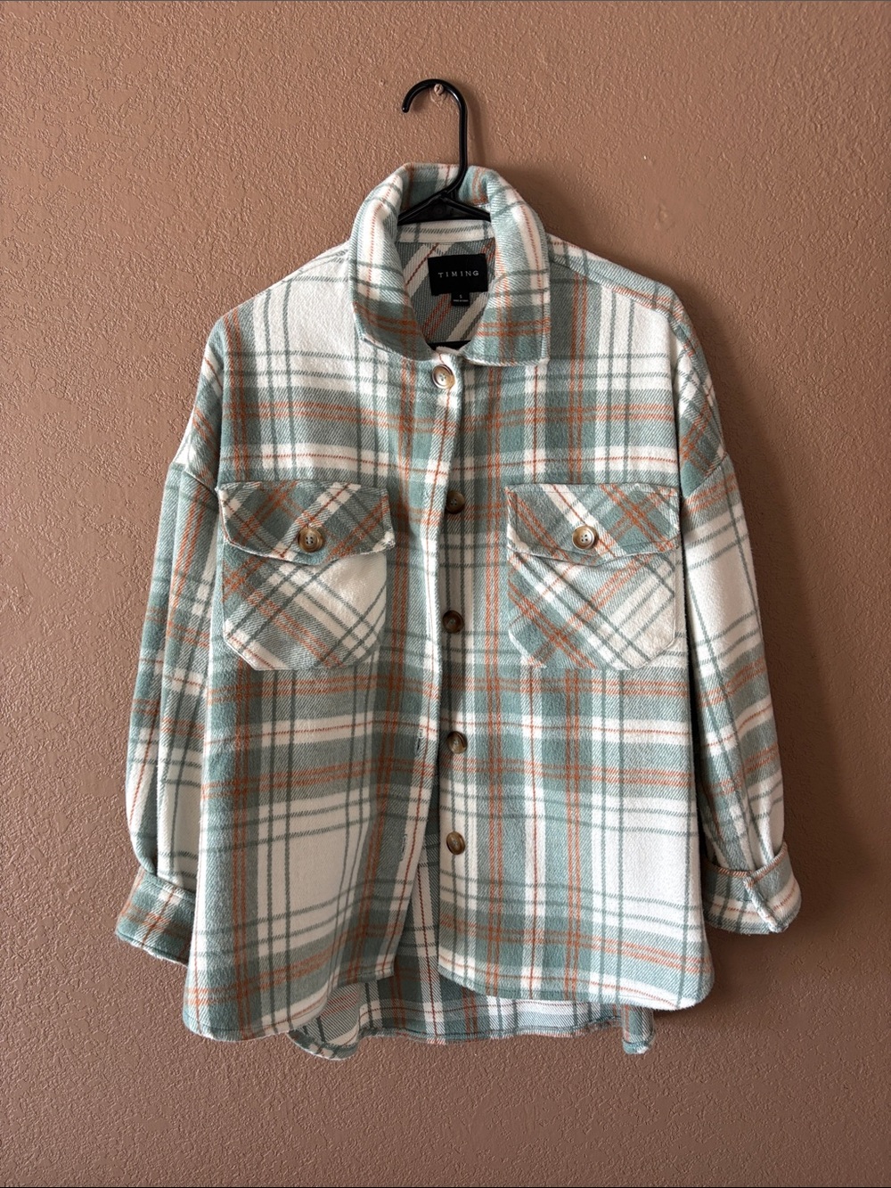 Timing Cream Plaid Shacket with Green & Tan Stripes